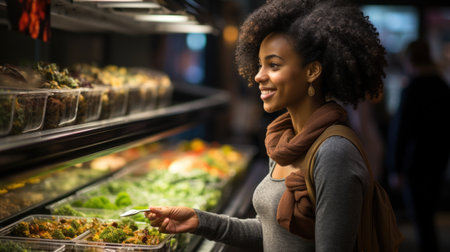 african american woman choosing salad in supermarket, grocery shopping conceptの素材