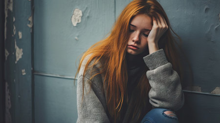 Sad young woman with long red hair sitting in front of the doorの素材