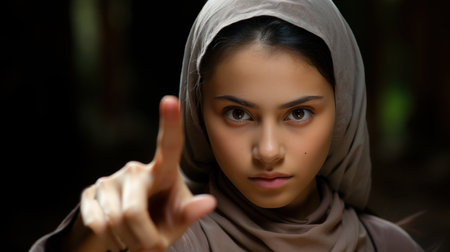 Portrait of a beautiful young muslim woman in hijab pointing at somethingの素材