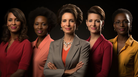 Group of mid adult businesswomen posing in front of a black background. Women power.の素材