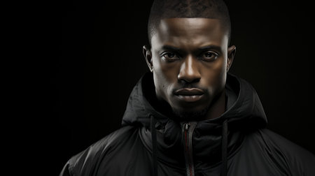 African american man in hoodie posing on black background.の素材