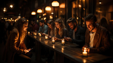 Group of young people sitting in a pub and friends communicating online using mobile phones.の素材