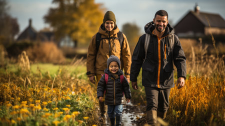 Arab father with his son and daughter hiking in the countryside in autumn.の素材