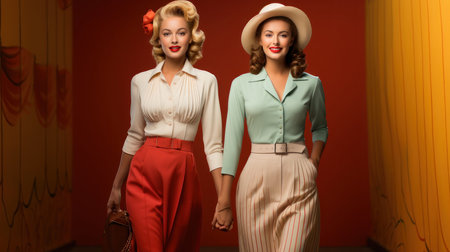 Portrait of two elegant women in retro style fashion. 1950s -1970s.の素材
