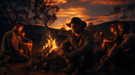 Group of rancho cowboy friends sitting around a campfire in the evening at sunset.の素材