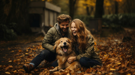 Young couple in love with golden retriever dog in autumn park.の素材