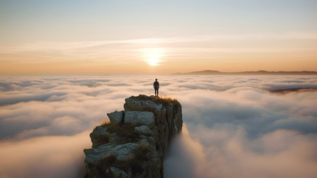 Silhouette of a man standing on the top of the mountain above the clouds.の素材