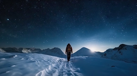 Hiker in winter mountains at night with starry sky and Milky wayの素材
