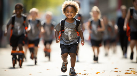 Full length portrait of a cute african american boy running in the streetの素材