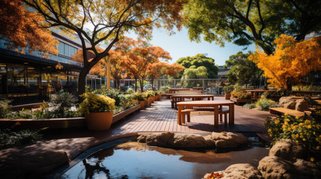 Autumn garden with wooden tables and benches in the city park.の素材