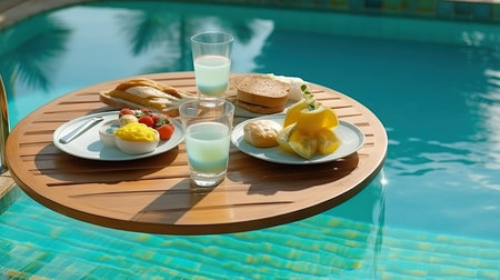 Breakfast by the swimming pool. Sandwich, milk, eggs, croissant, orange juiceの素材