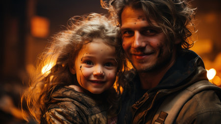 Portrait of a father with his daughter on the street at nightの素材