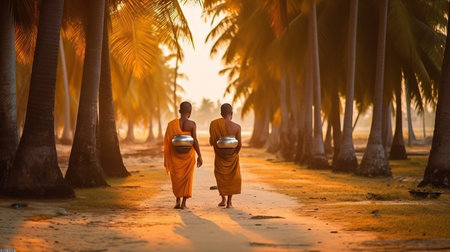 Buddhist monks walking on the beach at sunset with coconut trees.の素材