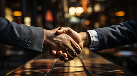 Close-up image of two businessmen shaking hands while standing in cafeの素材