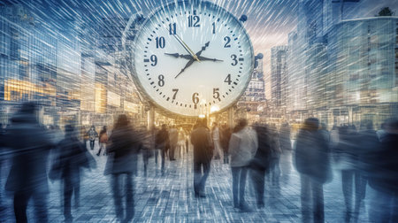 Business people walking in the city with clock. Concept of time managementの素材