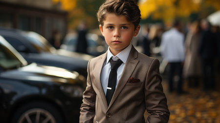 Portrait of a young boy in a suit on the street.の素材