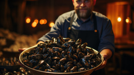 Close up of mussels in the hands of a man in a restaurantの素材