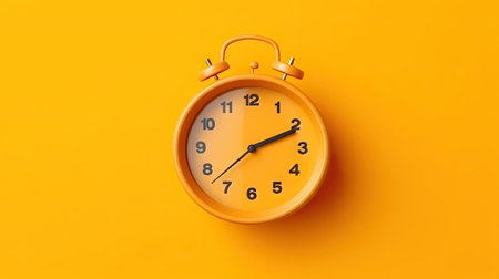 Yellow alarm clock isolated on orange background. 3d render illustration.の素材