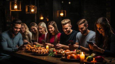 Group of young people having dinner together while sitting at the table in a restaurantの素材