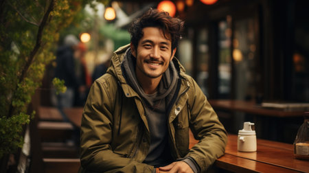 Portrait of a handsome young man sitting in a coffee shop and smilingの素材