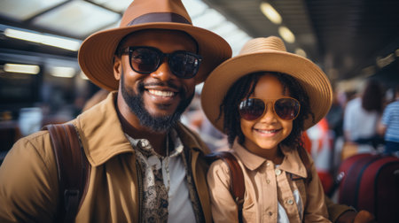 African american couple in hats and sunglasses smiling at camera in train stationの素材