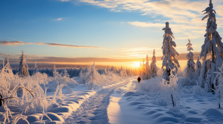 Beautiful winter landscape with snow covered trees at sunset. Russia.の素材