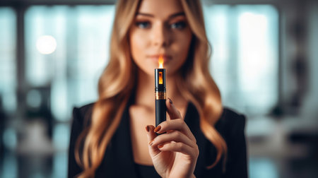 Beautiful young woman holding a lighter and looking at camera in officeの素材