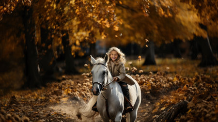 Beautiful young girl riding a white horse in the autumn forest.の素材