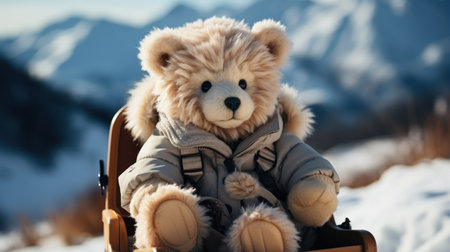 Teddy bear sitting in a suitcase on the background of snowy mountainsの素材