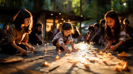 Unidentified Thai students are lighting candles at the temple in Kanchanaburi, Thailand.の素材