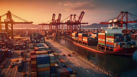 Container Cargo freight ship with working crane bridge at sunset for Logistic Import Export backgroundの素材