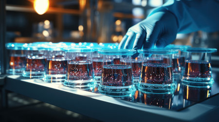 Scientist holding test tubes with blue liquid in laboratory, closeupの素材