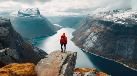 Woman hiker standing on the edge of a cliff and looking at fjord in Norwayの素材