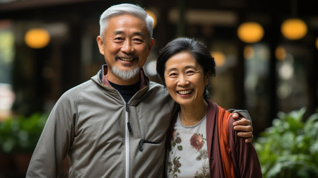 Happy asian senior couple walking in the city. Senior people lifestyle concept.の素材