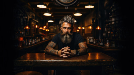 Tattooed bearded man sitting at a bar counter in a pubの素材