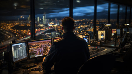 Security guard monitoring modern CCTV cameras in a surveillance room at night.の素材