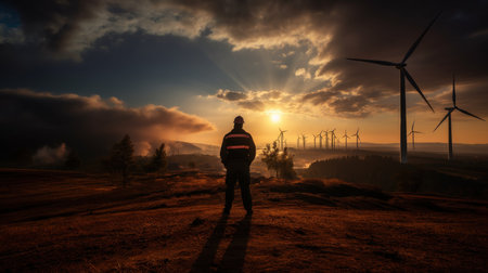 Silhouette of a male engineer standing in front of wind turbines on a beautiful sunsetの素材