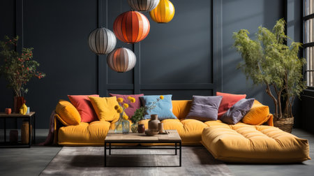 Interior of modern living room with yellow sofa 3D Illustrationの素材