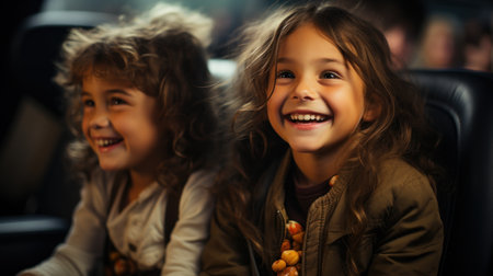 Portrait of cute little girls smiling and looking at camera while sitting in carの素材