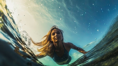 Underwater shot of a beautiful girl swimming in the ocean with surfboardの素材
