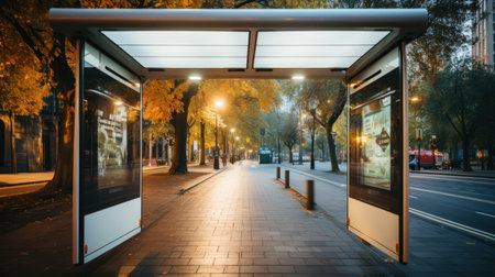 Empty bus stop on the street at night,の素材