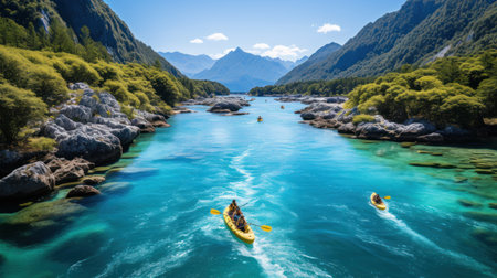 Canoeing on the turquoise water of the New Zealand alpsの素材