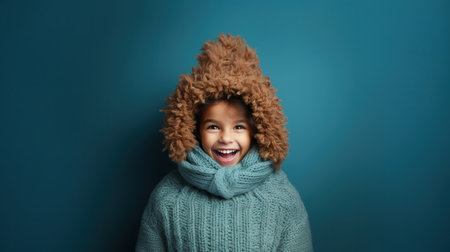 Portrait of cute little African-American girl in warm clothing on color backgroundの素材
