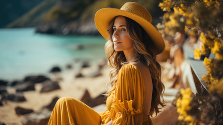Beautiful young woman in yellow dress and straw hat sitting on the beachの素材