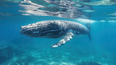 Humpback whale swimming underwater in the caribbean sea.の素材