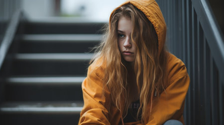 Portrait of a girl in a yellow raincoat sitting on the stairsの素材
