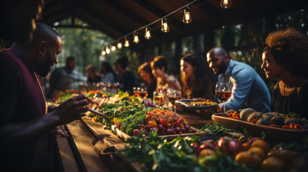 Group of friends having a dinner party at a rooftop restaurant in the countryside.の素材