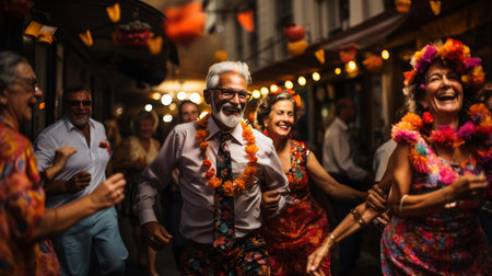 Portrait of a group senior people celebrating a traditional Honolulu, Hawaii carnival.の素材
