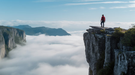 Hiker standing on the edge of cliff and looking over the cloudsの素材