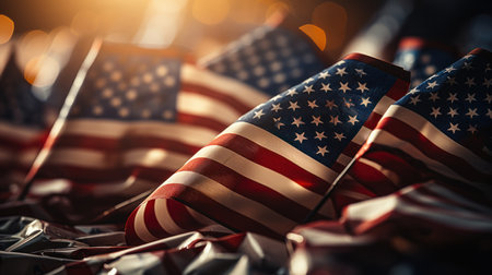 Close up of American flag on blurred background with bokeh effectの素材